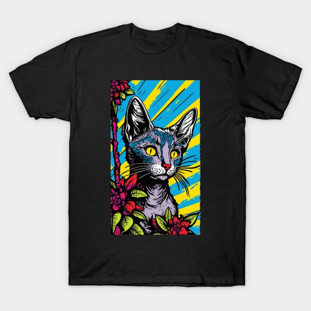 Lykoi Cat Vibrant Tropical Flower Tall Retro Vintage Digital Pop Art Portrait 2 T-Shirt by ArtHouseFlunky